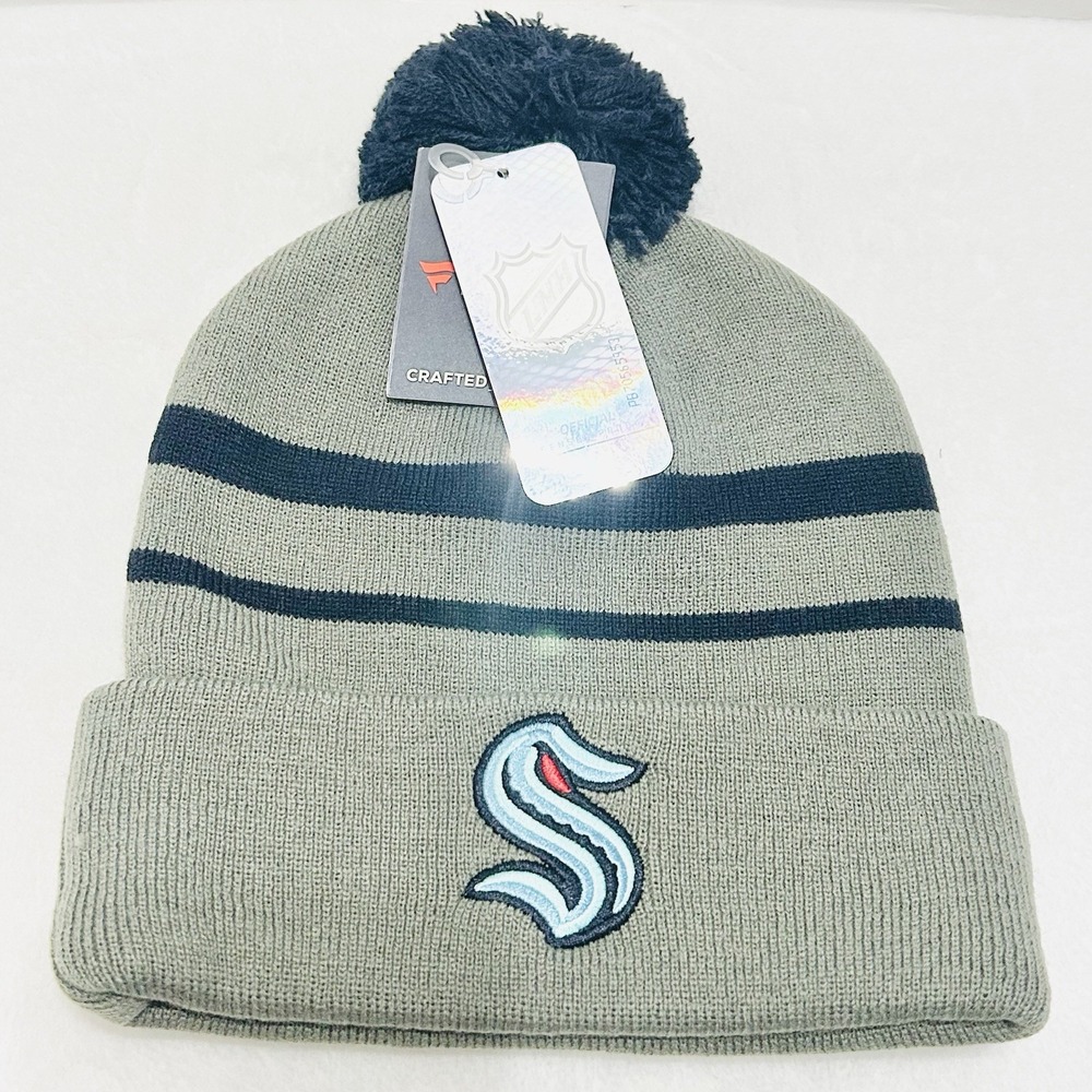 Fanatics Seattle Kraken Striped Beanie Hat Cap Pom Cuffed‎ Gray NHL Hockey
